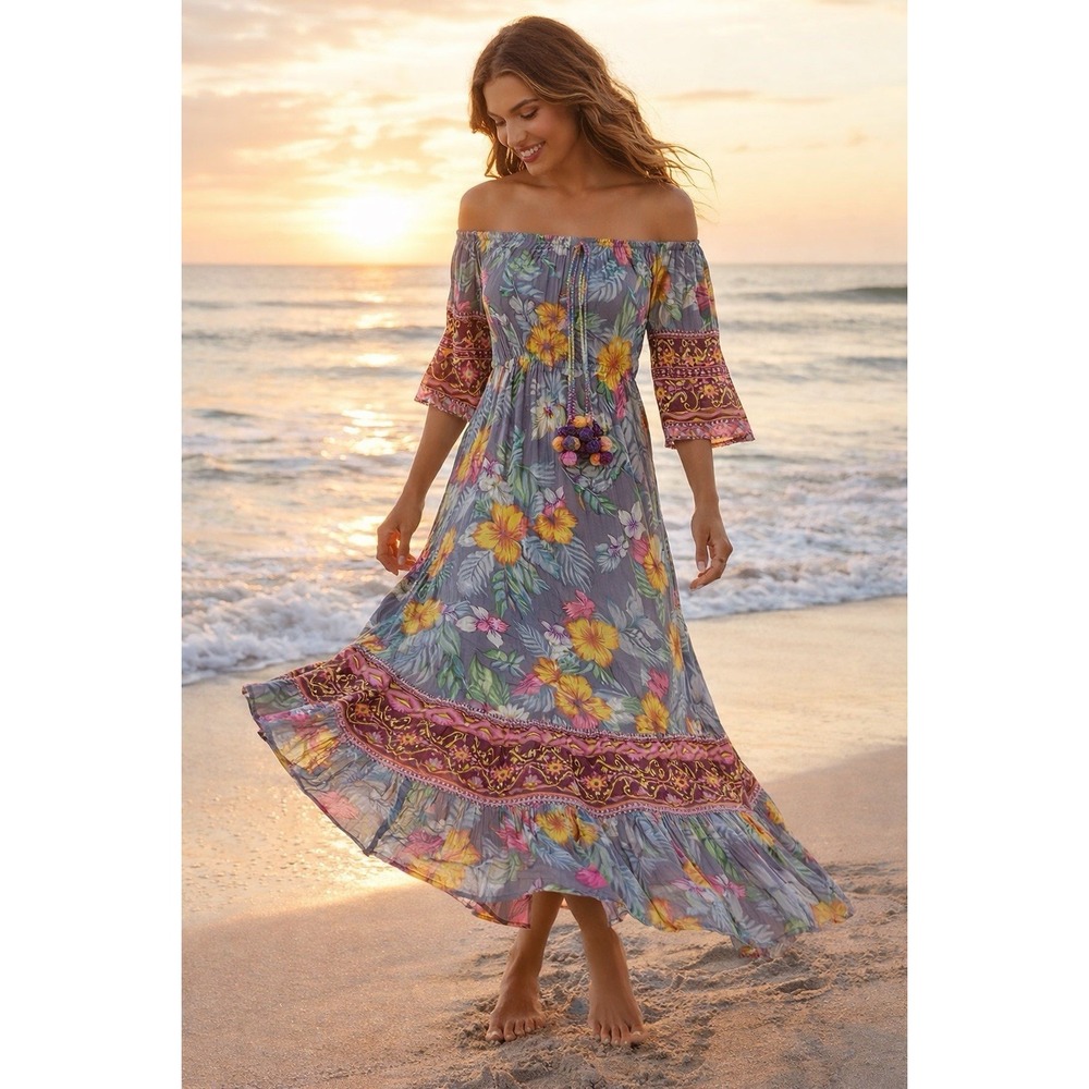 Altar'd State Boho Floral Off Shoulder Midi Dress Pom Pom Tie S See Measurements